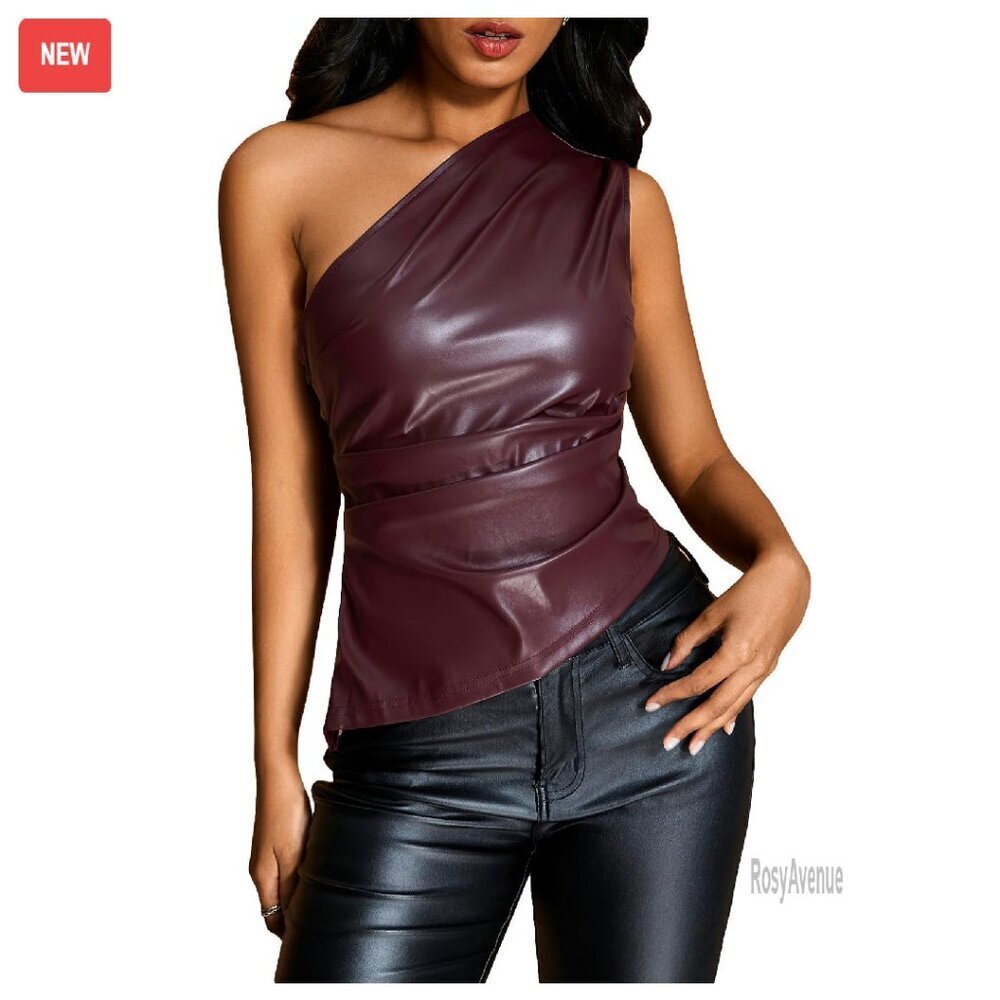 Faux Leather One Shoulder Ruched Tank Top Y2K Asymmetrical Club Wear